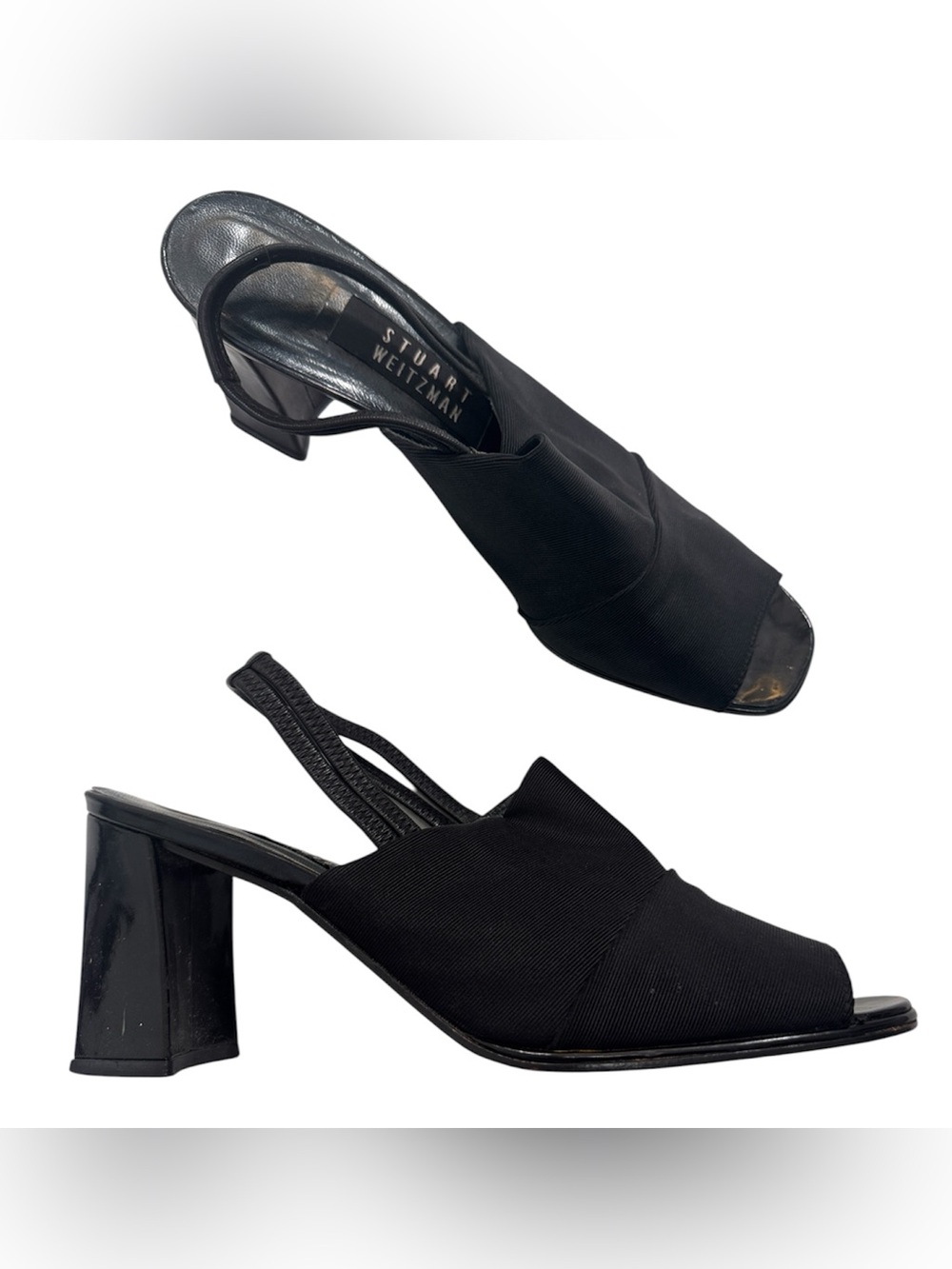 Stuart Weitzman Black Slingback Peep Toe Heels Womens 9.5 Stretch Casual Classic